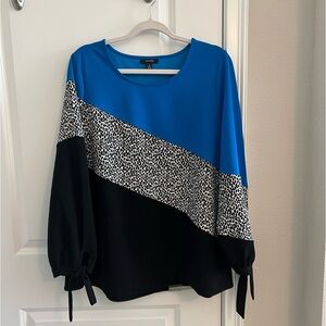 Blue, black and white long sleeve blouse